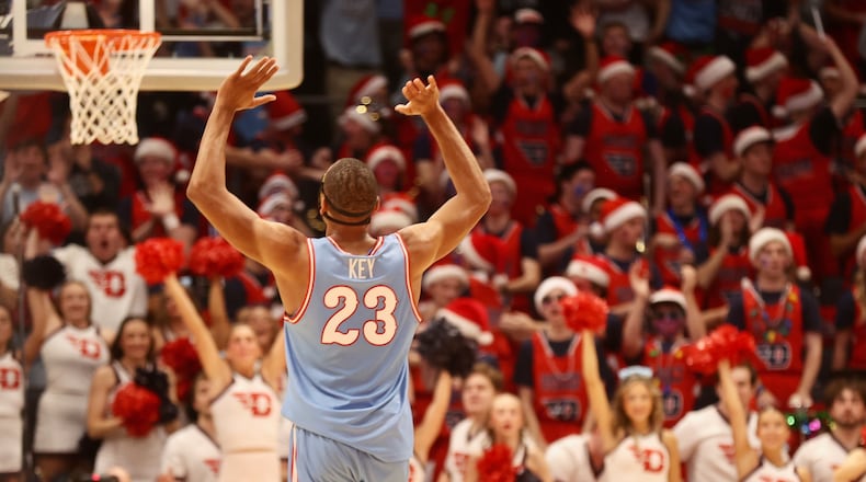 Dayton's Zed Key celebrates after a basket against Marquette on Saturday, Dec. 14, 2024, at UD Arena. David Jablonski/Staff
