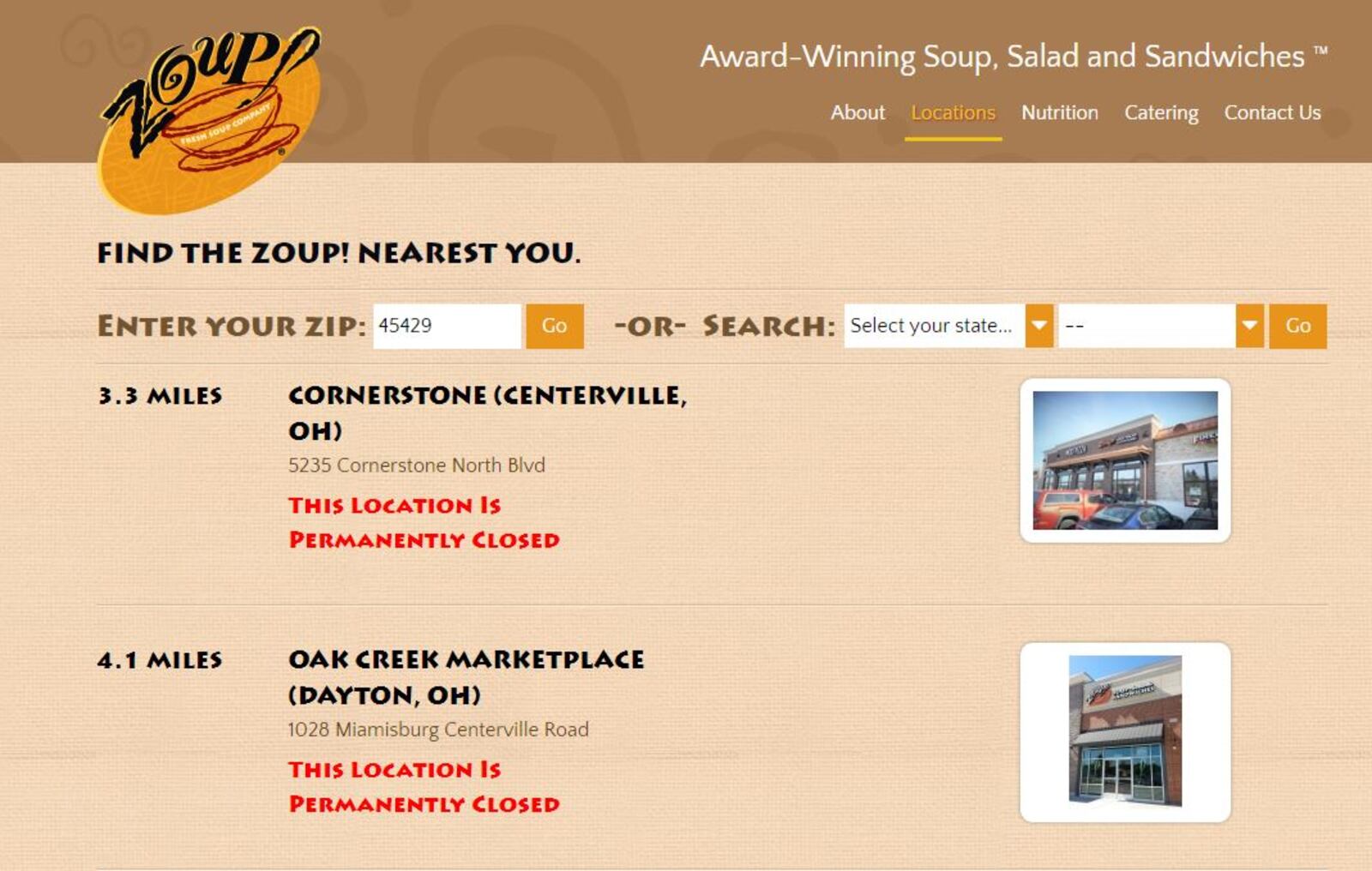 A screen-grab image from Zoup's web site today, May 22.