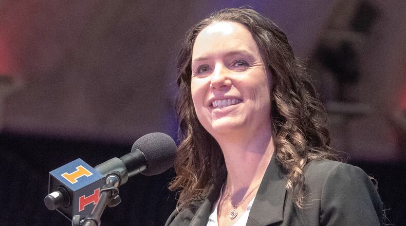 Shauna Green speaks at a press conference where she was introduced as the new women's basketball coach at Illinois on Tuesday, March 22, in Champaign, Ill. Robin Scholz/The News-Gazette.