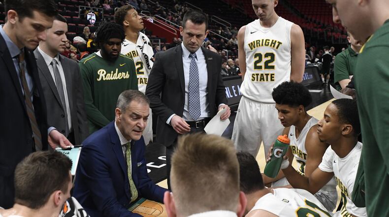 Wright State coach Scott Nagy talks to his team during a timeout against Green Bay March 3, 2018, in the Horizon League tournament at Little Caesar’s Arena in Detroit. Jose Juarez/CONTRIBUTED