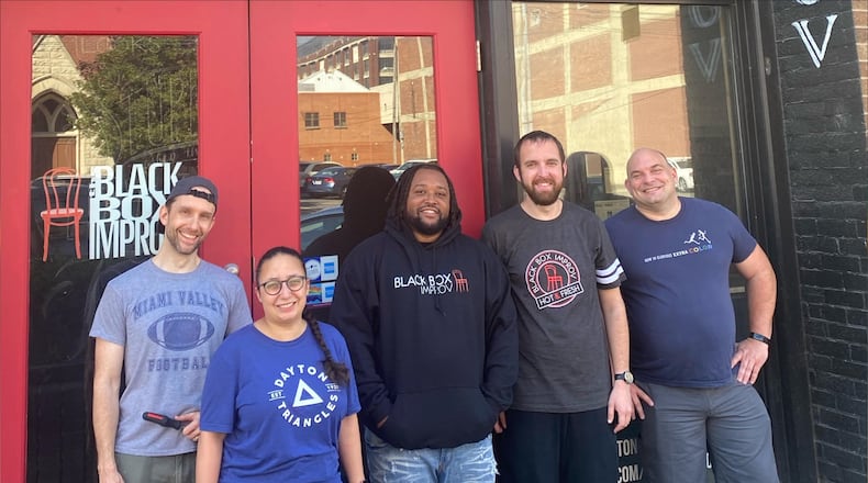 Some of the owners of Black Box Improv Theater, (left to right) Bryan Lakatos, Othalia Larue, Kevin Carter, James Fritchman and Garret Geilenfeldt, outside the intimate comedy venue, which has its grand reopening weekend on Friday and Saturday, Oct. 1 and 2. CONTRIBUTED