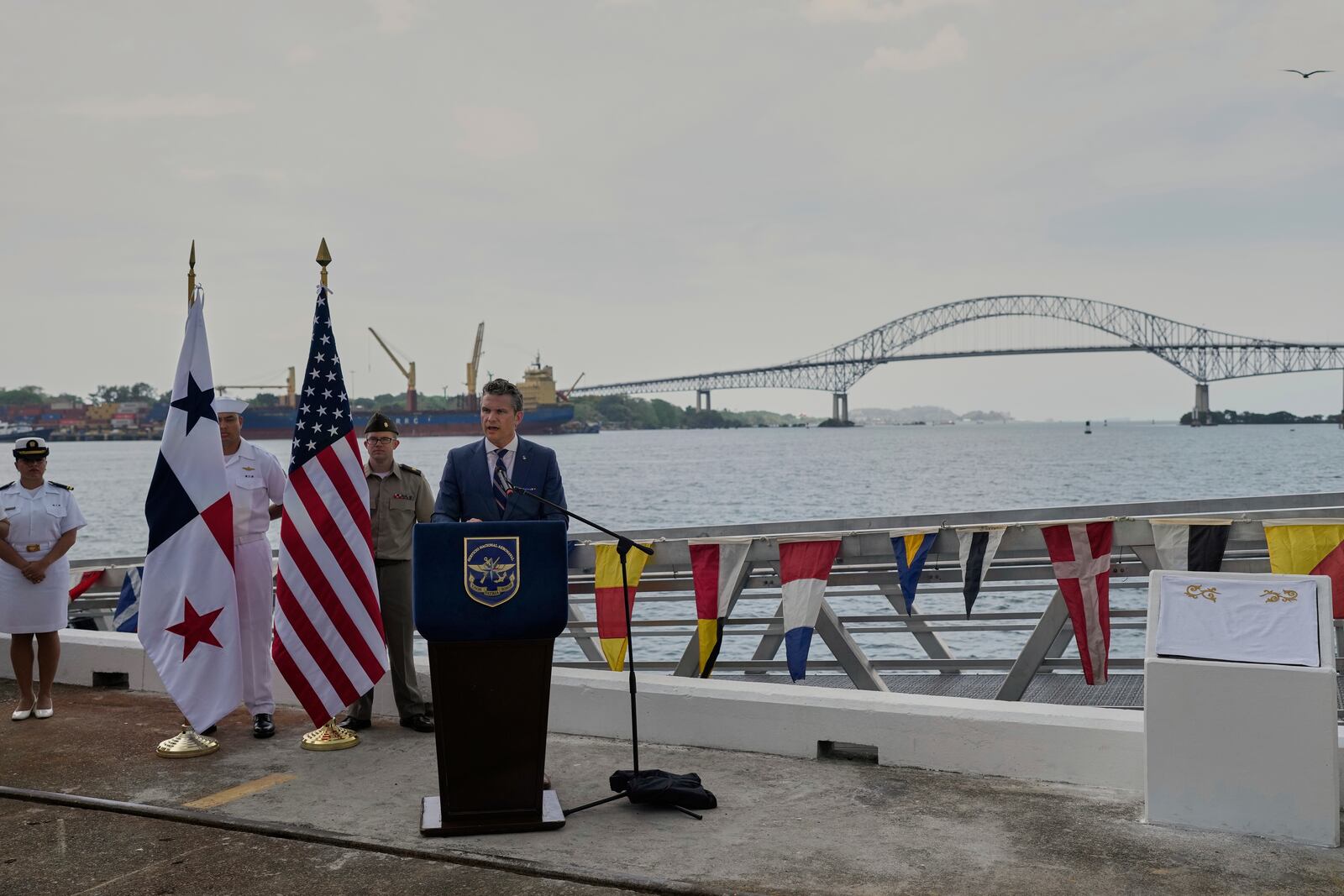 U.S. Defense Secretary Pete Hegseth speaks at Port of Rodman, West Panama, Tuesday, April 8, 2025. (AP Photo/Matias Delacroix)