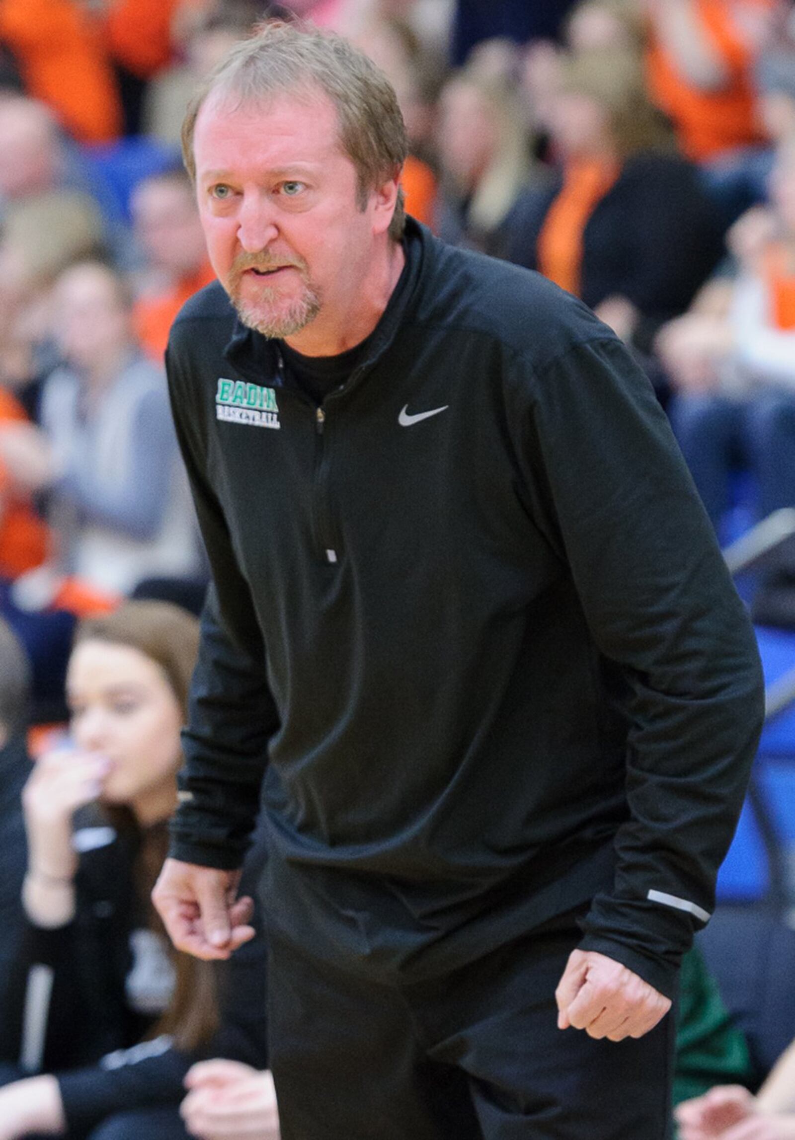 Badin coach Tom Sunderman stares down an official after a foul call during a Division III district final against West Liberty-Salem on Saturday at Springfield. CONTRIBUTED PHOTO BY BRYANT BILLING