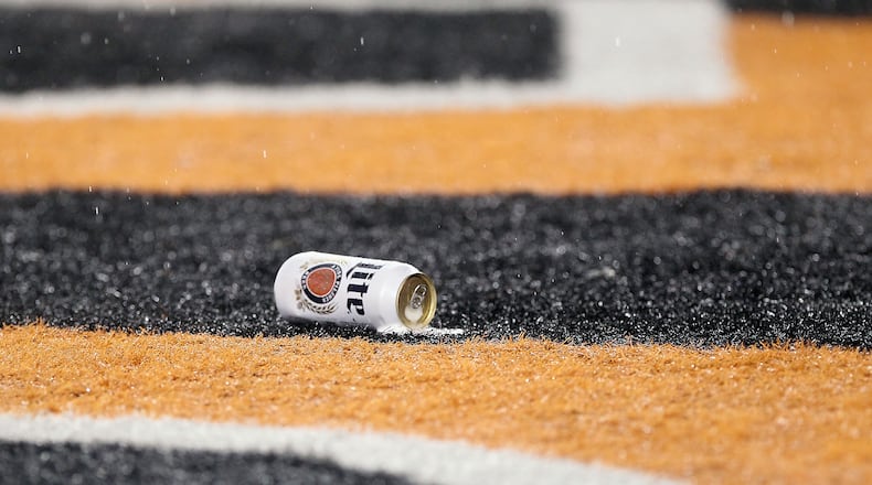 CINCINNATI, OH - JANUARY 09:  A can of beer is seen in the end zone after being thrown onto the field by a fan during the AFC Wild Card Playoff game between the Cincinnati Bengals and the Pittsburgh Steelers at Paul Brown Stadium on January 9, 2016 in Cincinnati, Ohio.  (Photo by Dylan Buell/Getty Images)