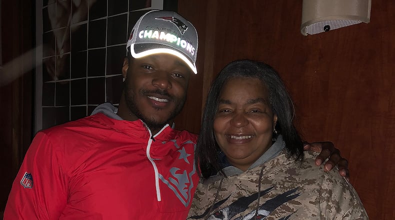 New England Patriots linebacker Nicholas Grigsby poses with his mother, Ernestine, following the team’s win the AFC Championship Game on Jan. 21. SUBMITTED PHOTO
