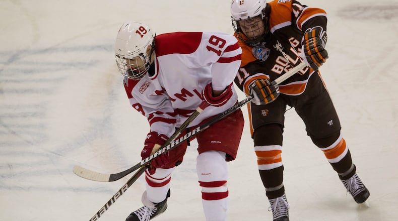 The Miami Redhawks defeat the Bowling Green Falcons 3-1, Saturday, January 26, 2013, at the Steve Cady Ice Arena. CONTRIBUTED PHOTO