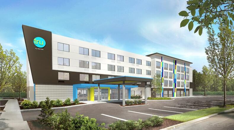 This rendering shows a typical Tru by Hilton hotel. CONTRIBUTED
