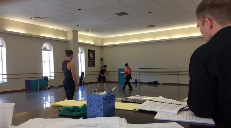 Dayton Ballet’s artistic director Karen Russo Burke is pictured working with dancers while composer Austin Jaquith looks on. SUBMITTED PHOTO