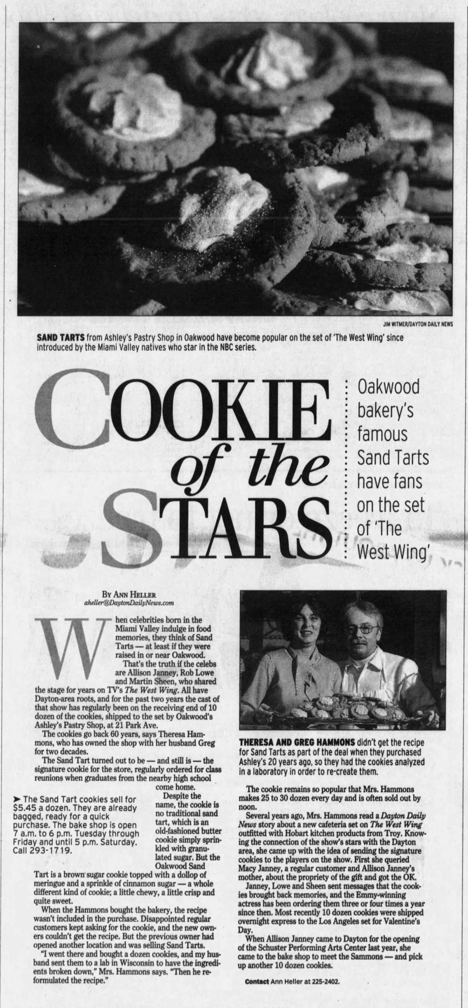 One of Theresa Hammons' favorite memories is when Ashley's Pastry Shop was featured in the press on March 3, 2004 showcasing their Cookie of the Stars, Sandtarts, that were enjoyed for years by the cast and crew of The West Wing. After the article appeared, they sold 780 dozen in one day.