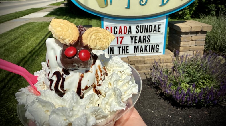Whipty-Do, an ice cream shop that’s just a short drive from King’s Island, is celebrating the arrival of Brood XIV by featuring a cicada sundae with a crunchy treat on top (CONTRIBUTED PHOTO).