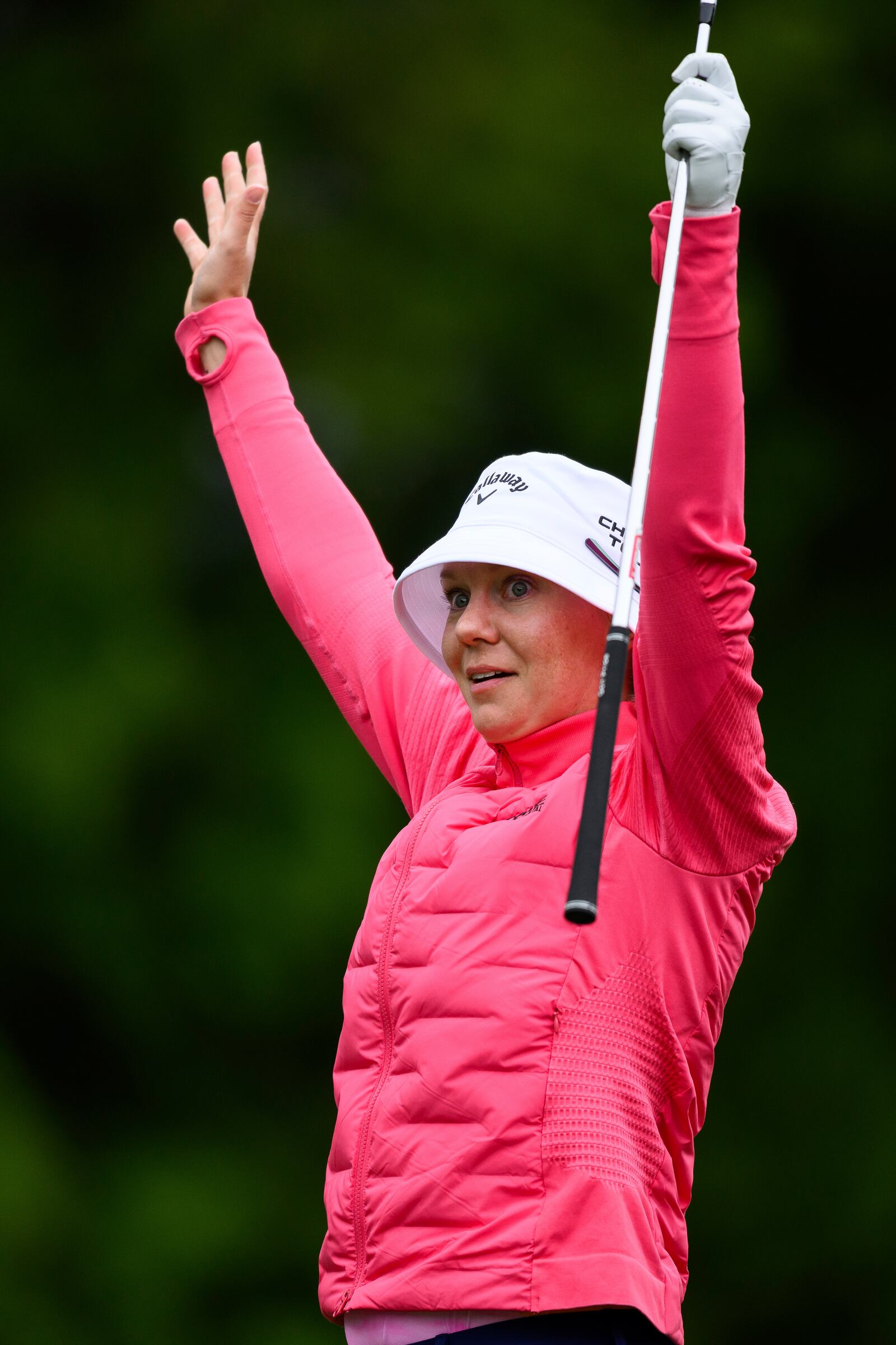 Madelene Sagstrom reacts after making a hole-in-one on the ninth hole during the first round of the LPGA's JM Eagle LA Championship golf tournament at El Caballero Country Club, Thursday, April 17, 2025, in Los Angeles. (AP Photo/William Liang)
