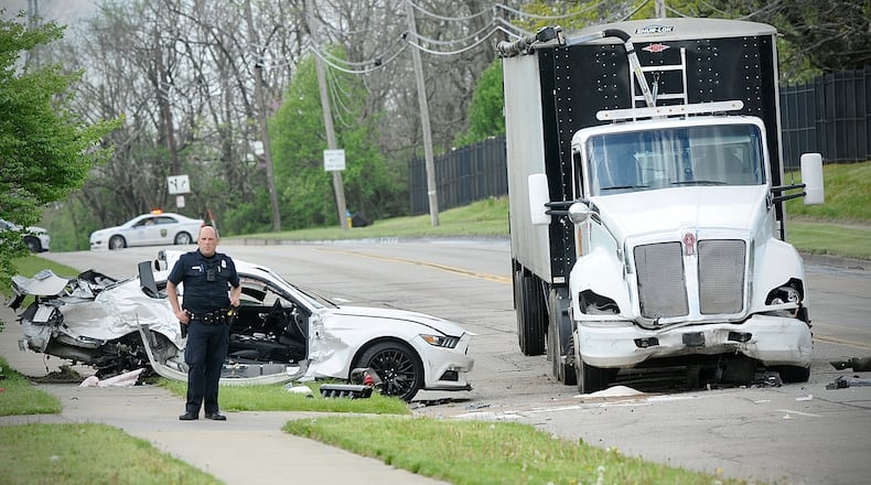 At least two people were killed in a crash between a car and semitrailer Wednesday, April 17, 2024, on South Gettysburg Avenue near Germantown Pike in Dayton. MARSHALL GORBY\STAFF