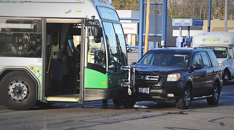 No injuries were reported after an RTA bus and SUV crashed on Linden Avenue near the Eastown Shopping Center in Riverside on Friday, Nov. 6, 2020. MARSHALL GORBY/STAFF