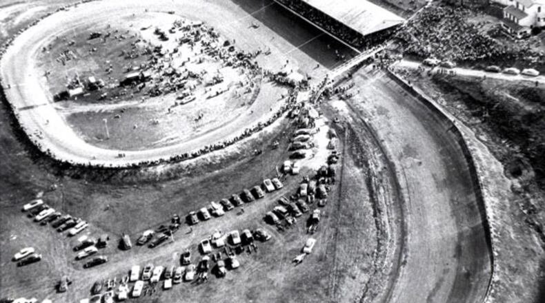 An aerial view of the aftermath of a crash that killed driver Gordon Reid in 1952 at Dayton Speedway. Reid's car hit the grandstand at the right side of the photo, killing three spectators and injuring many more. Skip Peterson Collection
