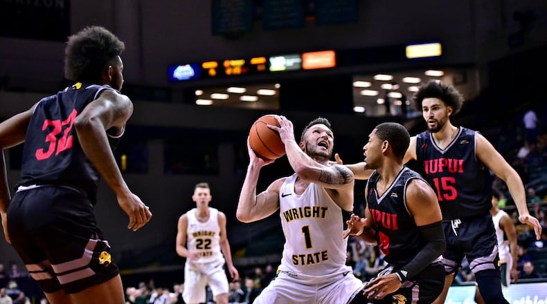 Wright State’s Bill Wampler looks for a shot during Sunday’s game against IUPUI at the Nutter Center. Joseph Craven/CONTRIBUTED