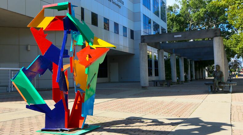 “Baroque Trajectory” by artist Michael Poast has replaced “Hatched Baby” outside the Fitton Center for Creative Arts in Hamilton. GREG LYNCH/STAFF