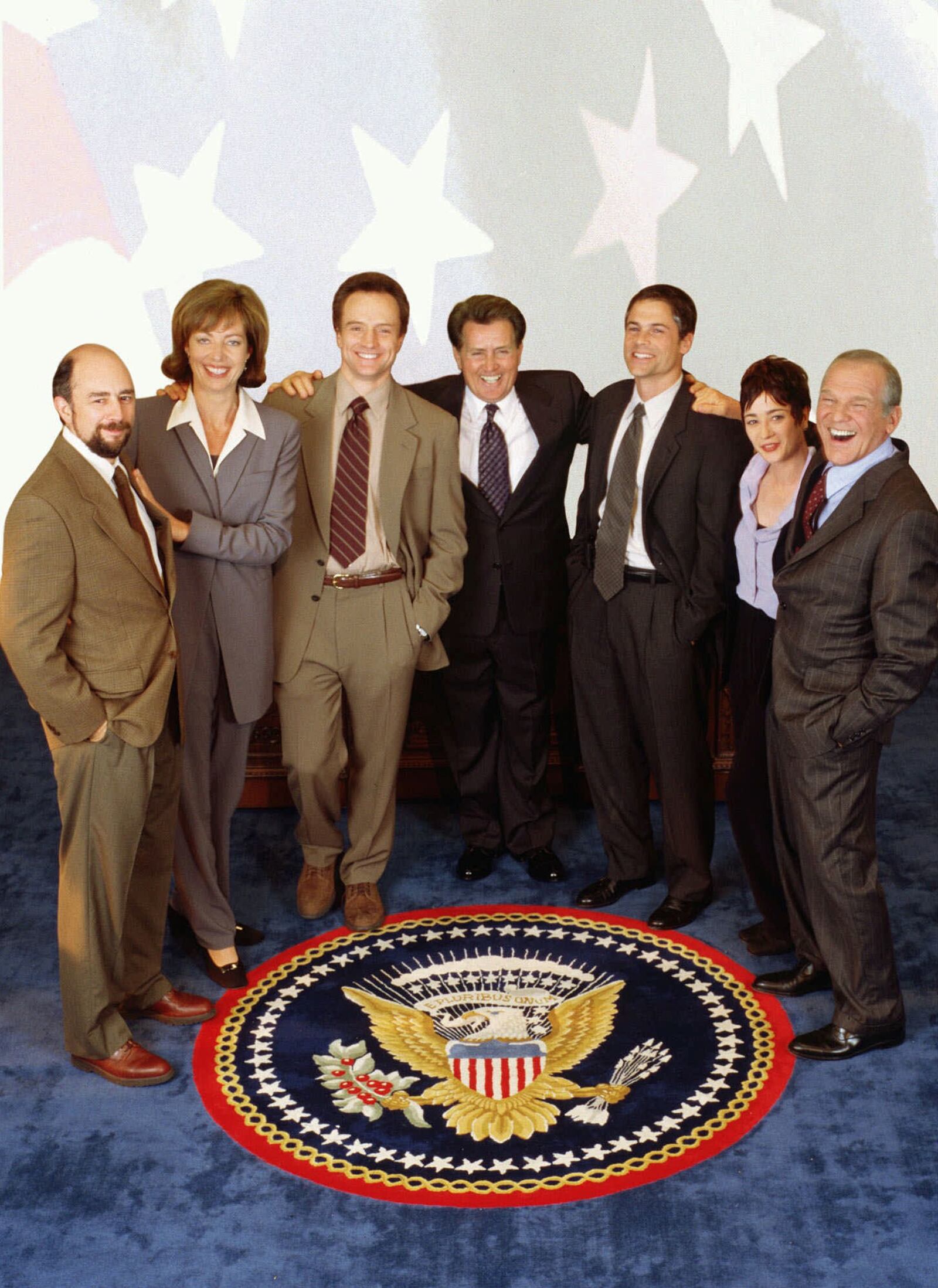 NBC102 5/17/1999  THE WEST WING -- New NBC Fall Series -- Pictured: (l-r) Richard Schiff as Communications Director Toby Ziegler, Allison Janney as Press Secretary C.J. Gregg, Brad Whitford as Deputy Chief of Staff Josh Lyman, Martin Sheen as President Josiah Bratlet, Rob Lowe as Deputy Communications Director Sam Seaborn, Moira Kelly as political consultant Madeline Hampton, John Spencer as Chief of Staff Leo McGarry-- NBC Photo: Paul Drinkwater
