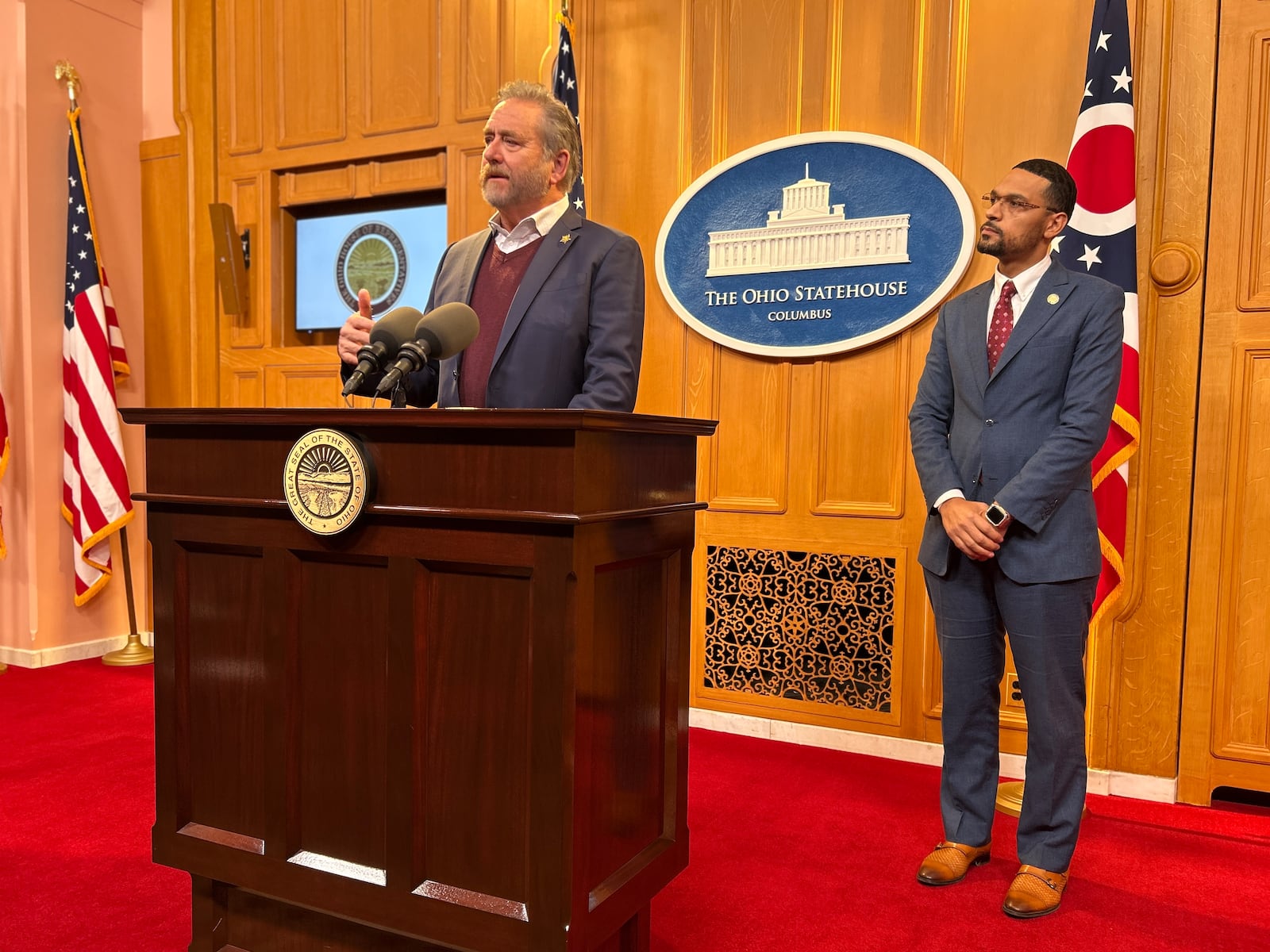 Ohio Attorney General Dave Yost speaks in support of an anti-fraud bill introduced by Rep. Josh Williams, R-Sylvania. Thursday, Jan. 16, 2026.