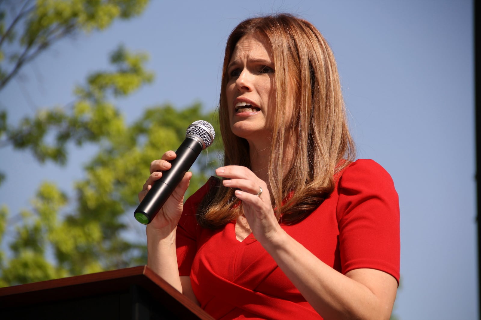 Democratic Associate Justice Allison Riggs speaks to protesters at a rally in Raleigh, N.C., on Monday, April 14, 2025. (AP Photo/Makiya Seminera)
