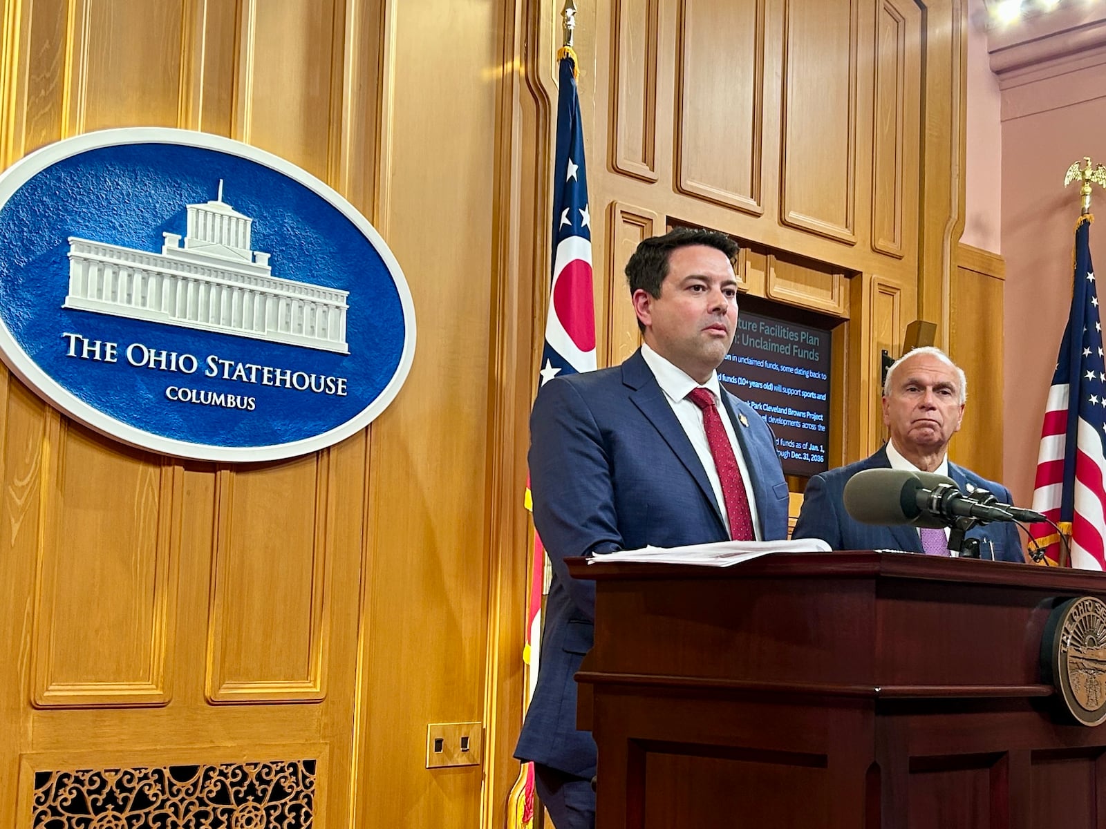 Ohio Senate President Rob McColley, R-Napoleon, takes questions from reporters alongside Senate Finance Chair Jerry Cirino, R-Kirtland, shortly after unveiling the Senate's initial tweaks to the state's proposed 2026 and 2027 operating budget. June 3, 2025.