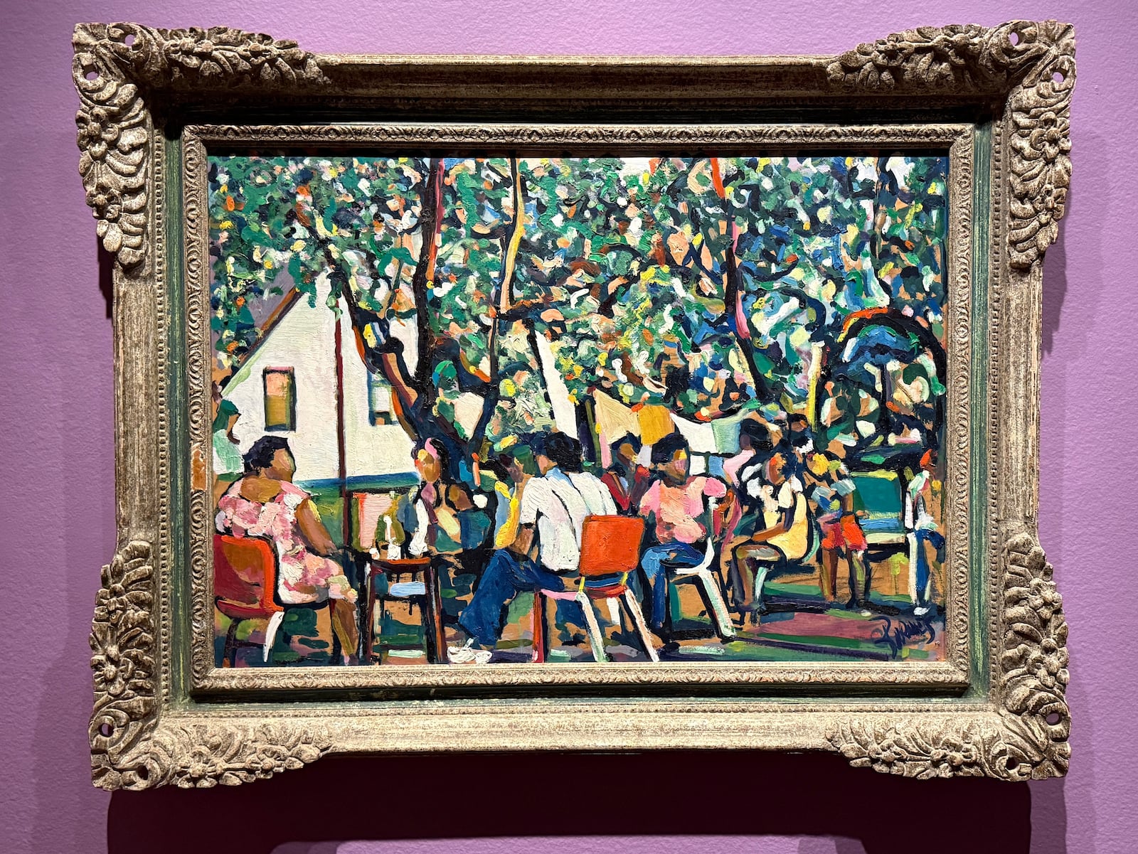This depiction of a Barnes family reunion is an example of visual rhythm that can be achieved through color mastery. Curtis Barnes, Sr., Untitled (Family Reunion), not dated, Oil on canvas, 24 x 38 in. Courtesy of the Barnes Family. HANNAH KASPER/CONTRIBUTED