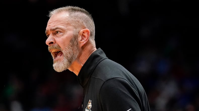 Wright State head coach Scott Nagy reacts on the sideline during the first half of a First Four game in the NCAA men's college basketball tournament against Bryant, Wednesday, March 16, 2022, in Dayton, Ohio. (AP Photo/Jeff Dean)