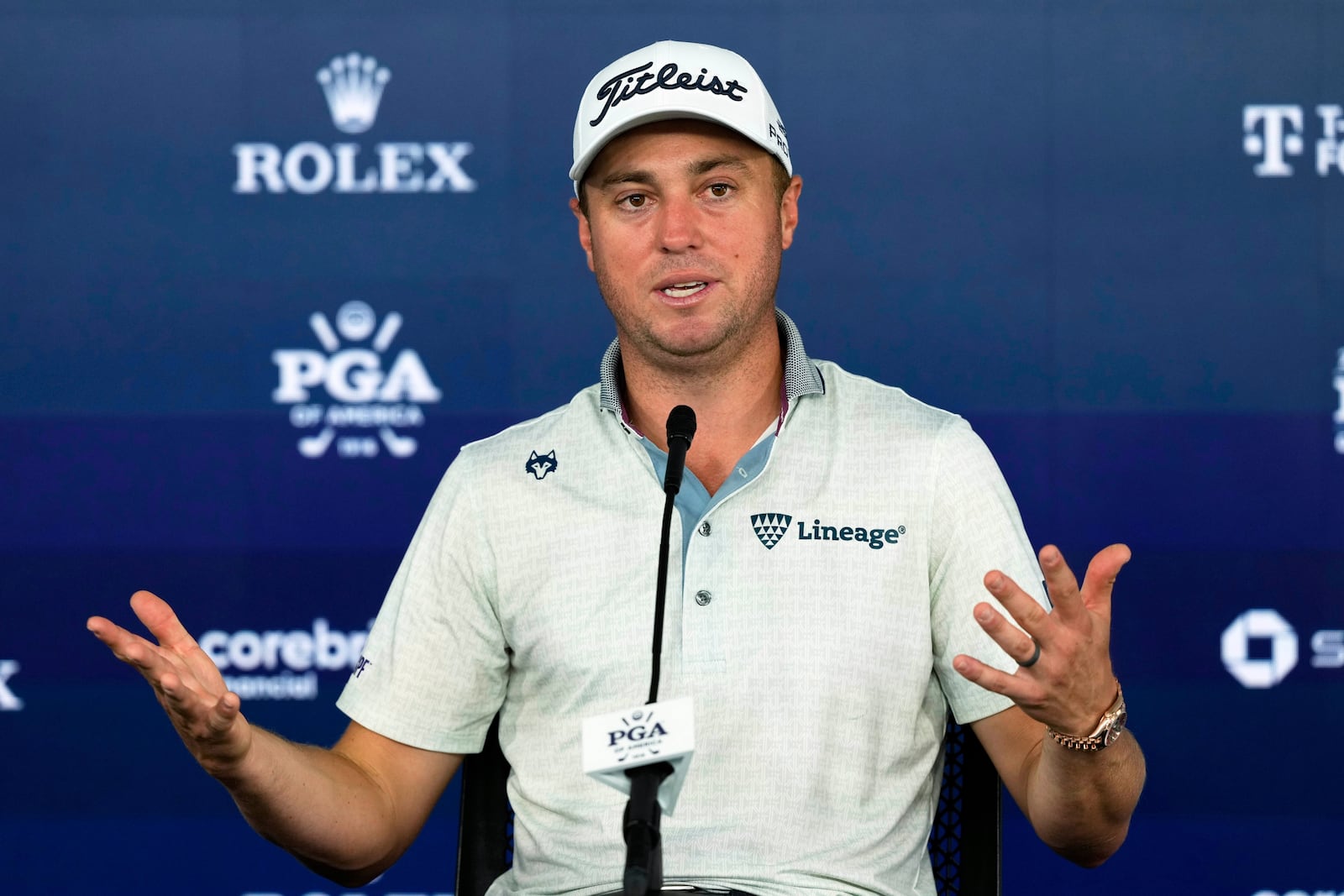 Justin Thomas speaks during a news conference at the PGA Championship golf tournament at the Quail Hollow Club, Tuesday, May 13, 2025, in Charlotte, N.C. (AP Photo/Matt York)