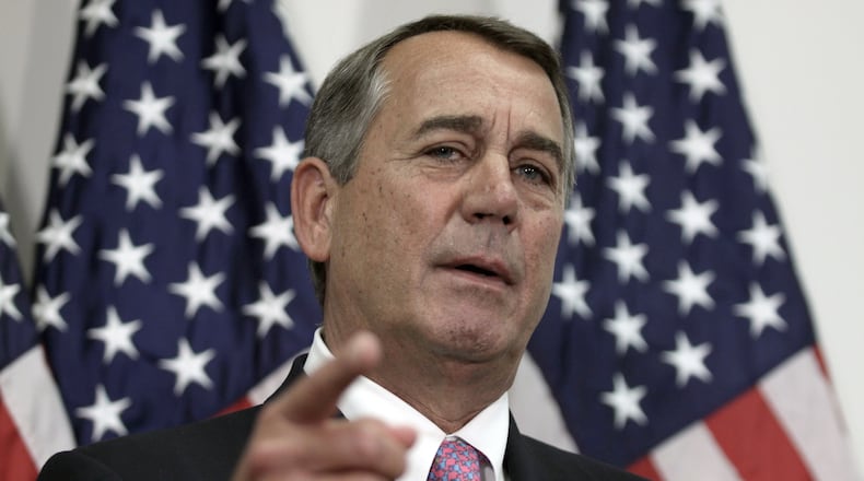 In this Oct. 27, 2015, photo, outgoing House Speaker John Boehner of Ohio talks with reporters on Capitol Hill in Washington. The House is ready to vote on a bipartisan pact charting a two-year budget truce, and Republicans are set to nominate Rep. Paul Ryan as the chambers new speaker. GOP leaders hope that both events Wednesday will help transform their partys recent chaos into calm in time for next years presidential and congressional campaigns. (AP Photo/Lauren Victoria Burke)