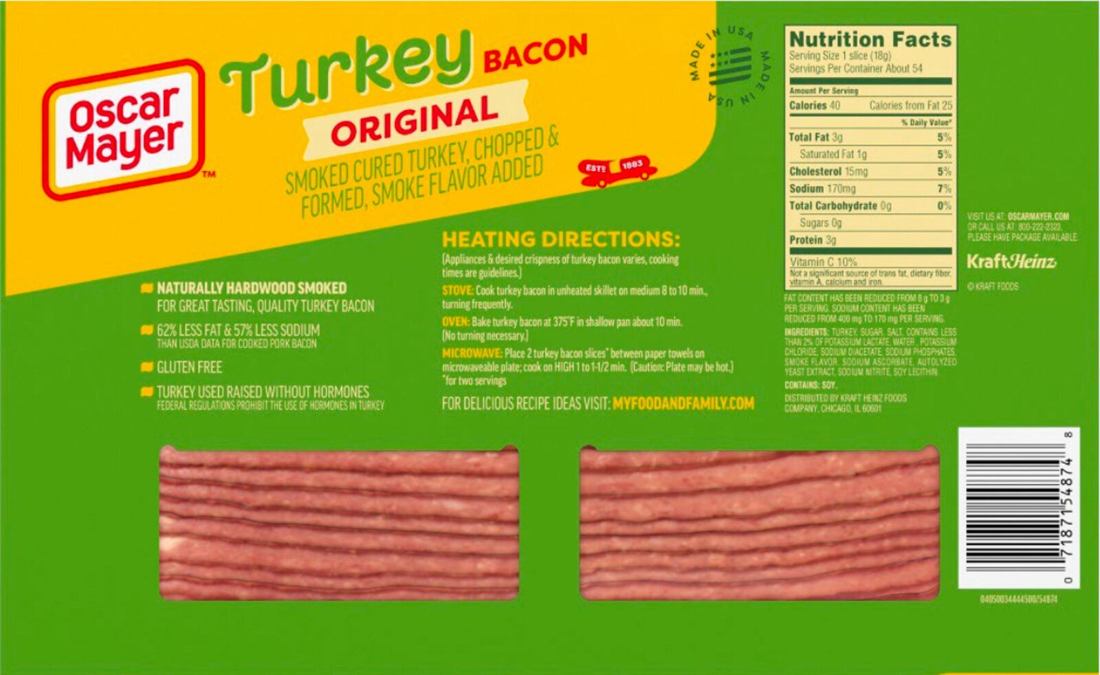 This image provided by the USDA on Wednesday, July 2, 2025, shows the packaging of recalled Oscar Mayer turkey bacon. (USDA via AP)