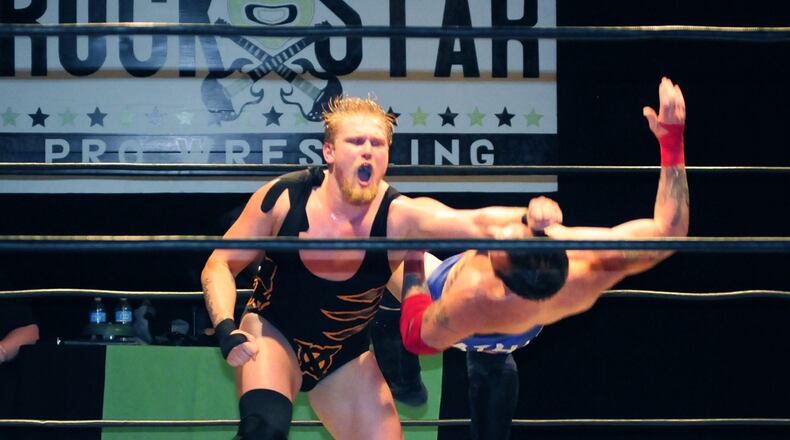 O14K Jake Crist sends Rock Star Ron Mathis to the matte during Rock Star Pro Wrestling on Wednesday evening at the Rock Star Pro Arena located at 1106 East Third St. on May 15, 2013 Photo by Charles Caperton