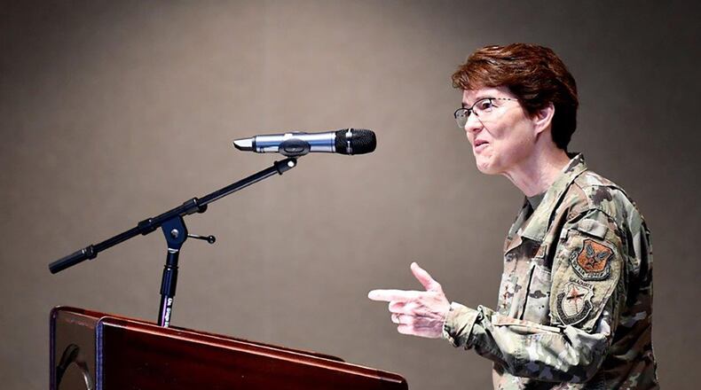 Lt. Gen. Jacqueline Van Ovost, director of Staff, Headquarters Air Force, provides remarks during the inaugural Air Force Materiel Command Women’s Leadership Symposium. The 2-day event drew more than 250 attendees from across the command, with keynote speakers, issue-focused panels and collaborative networking discussions designed to empower women to help foster workplace environments that embrace diversity and promote leadership growth throughout the organization. (Contributed photo)