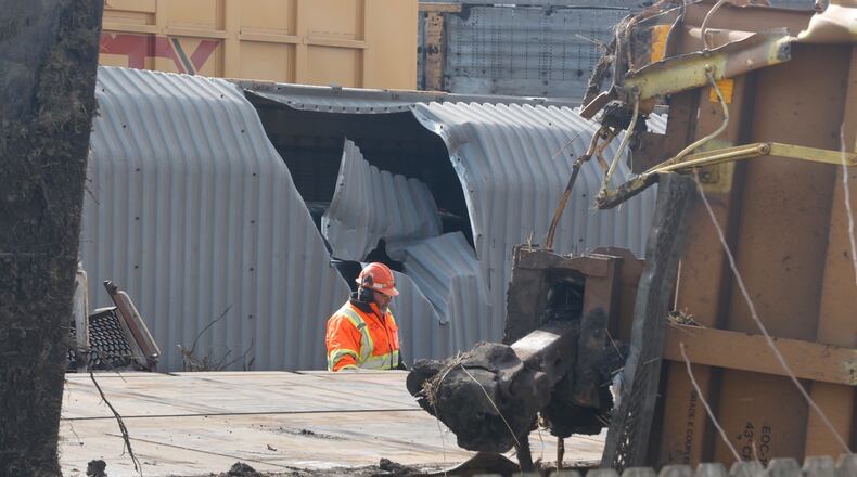 After 28 cars derailed on tracks near Springfield on March 4, 2023, the tracks were repaired and trains have resumed operation, passing the site of the crash even as cleanup continues. BILL LACKEY/STAFF