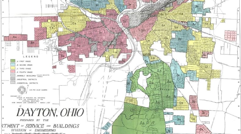 Redlining map of Dayton created by the Home Owners’ Loan Corporation in 1935. Red areas show parts of town deemed most at risk for bank loans because of factors including the racial makeup of who lived there.