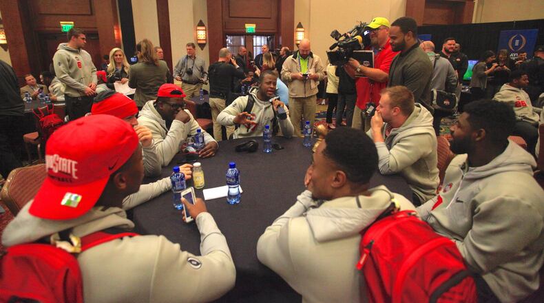 Ohio State’s Derrick Malone does an impression of a coach during Fiesta Bowl Media Day on Thursday, Dec. 29, 2016, at the Camelback Inn. David Jablonski/Staff