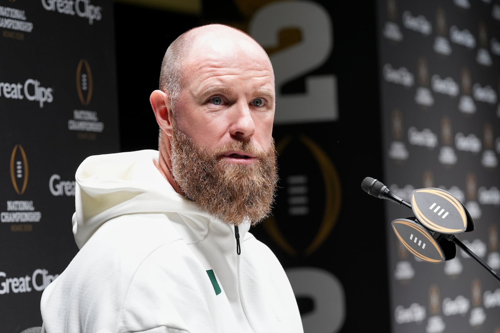 Miami defensive coordinator Corey Hetherman speaks during media day ahead of the College Football Playoff national championship game between Miami and Indiana, Saturday, Jan. 17, 2026, in Miami. The game will be played on Monday. (AP Photo/Marta Lavandier)