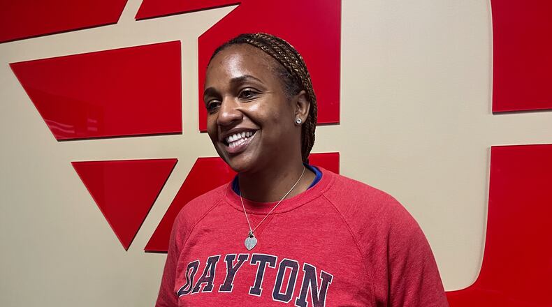 Dayton's Tamika Williams-Jeter talks to reporters on Wednesday, Sept. 27, 2023, at the Cronin Center. David Jablonski/Staff