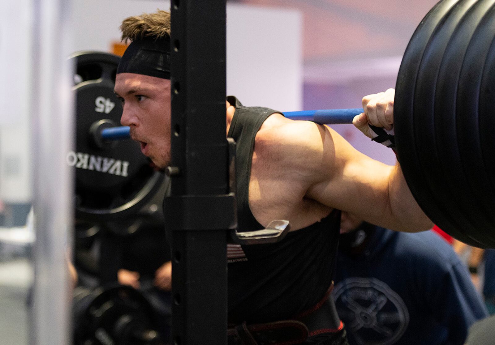 Gavin Anderson squats with 495 pounds during the second round of the powerlifting competition Dec. 11 at Wright Field Fitness Center. He finished second in the men’s division. U.S. AIR FORCE PHOTO/R.J. ORIEZ
