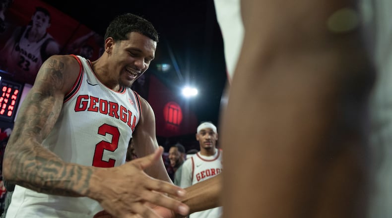 Georgia guard De'Shayne Montgomery (2) celebrates after an NCAA college basketball game against Oklahoma on Saturday, Jan. 11, 2025, in Athens, Ga. (AP Photo/Kathryn Skeean)