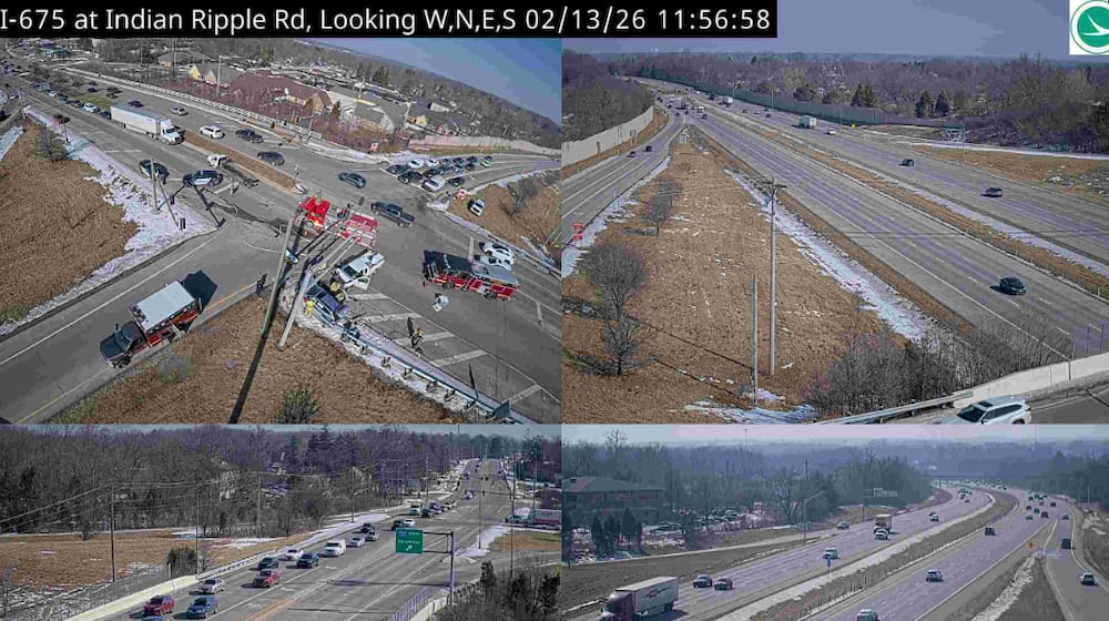 Beavercreek police and firefighters responded to a crash on Indian Ripple Road near Interstate 675 late Friday morning on Feb. 13, 2026. Photo courtesy the Ohio Department of Transportation.