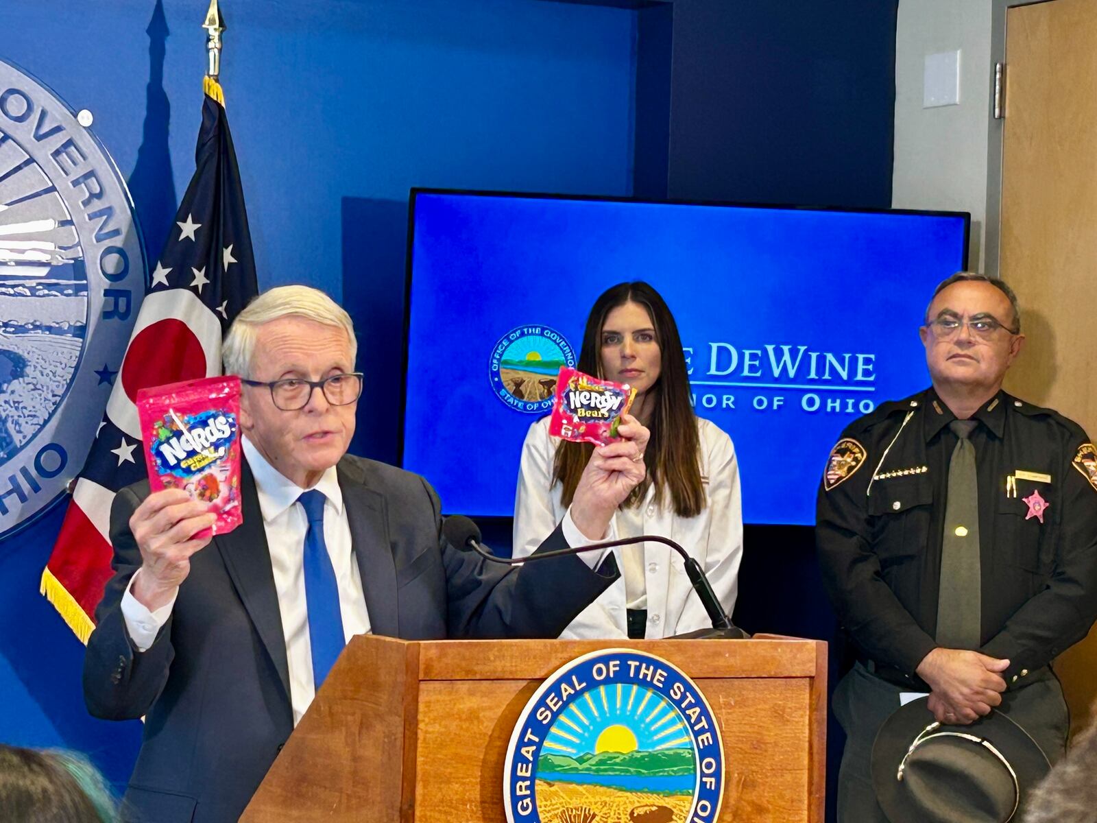 Ohio Gov. Mike DeWine compares Nerds Gummy Clusters to an intoxicating hemp knockoff. He signed executive orders on Oct. 8 to block intoxicating hemp product sales in Ohio.