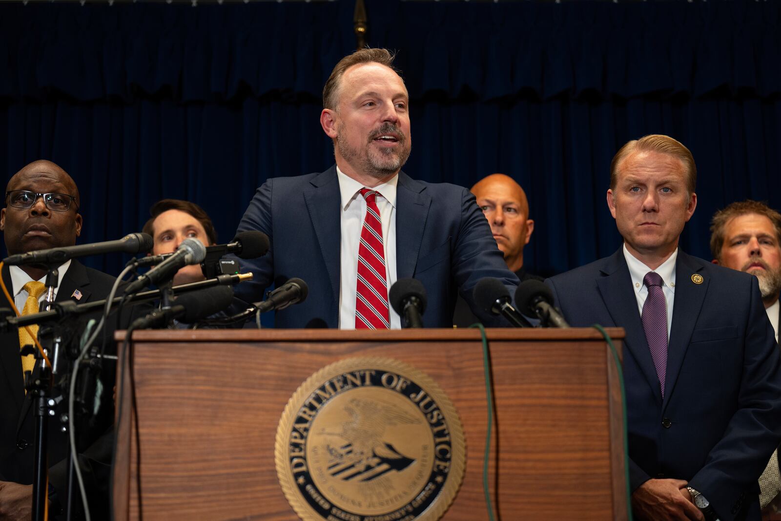 Acting U.S. Attorney for Minnesota, Joe Thompson, speaks to reporters at a news conference on Tuesday, July 15, 2025, in Minneapolis about the grand jury indictment handed up against Vance Boelter, alleging that Boelter fatally shot former Minnesota House Speaker Melissa Hortman and her husband and seriously wounded a state senator and his wife. (Jeff Wheeler/Star Tribune via AP)