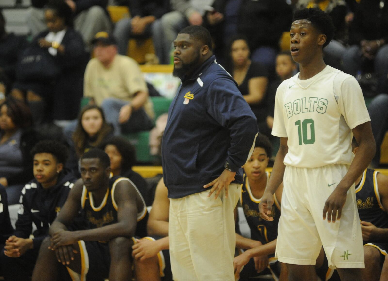 Springfield coach Isaiah Carson and Northmont’s Jamaal Linson. Springfield defeated host Northmont 71-49 in a boys high school basketball game on Friday, Dec. 22, 2017. MARC PENDLETON / STAFF