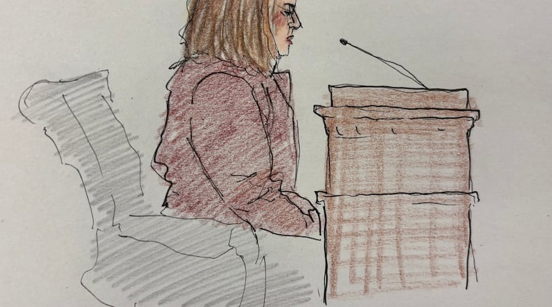 This courtroom sketch depicts Judge Laura Gramling Perez at Milwaukee County Circuit Judge Hannah Dugan's trial in court, Thursday, Dec. 18, 2025 in Milwaukee, Wis. (Adela Tesnow via AP, Pool)
