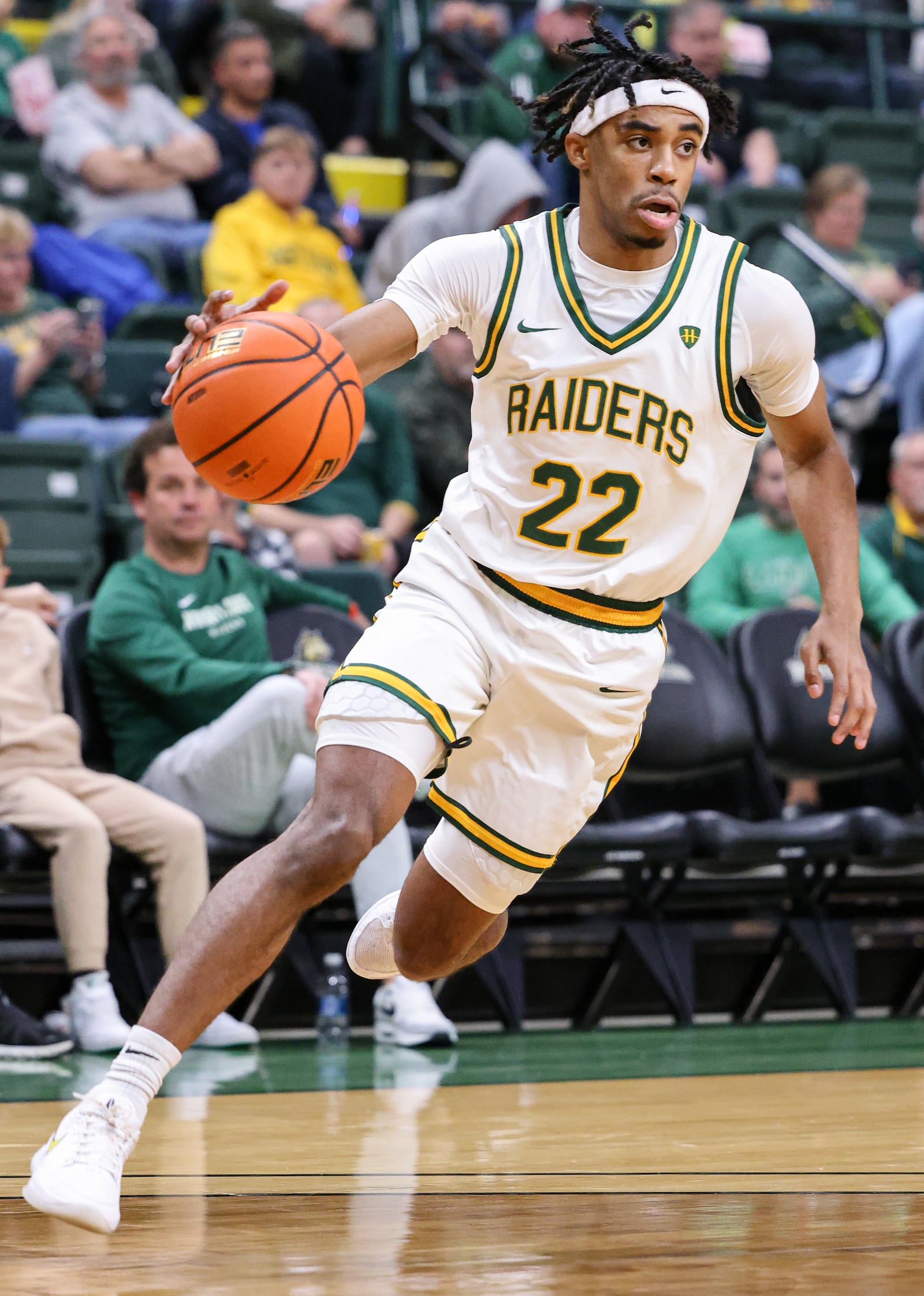 Wright State sophomore guard TJ Burch dribbles during an 86-37 win over Franklin College 86-37 in a season opener on Monday, Nov. 3 at Ervin J. Nutter Center in Fairborn. BRYANT BILLING/STAFF