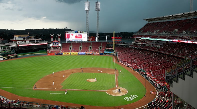 CINCINNATI, OH - MAY 06: General view as a storm approaches the ball park in the fourth inning of a game between the Cincinnati Reds and Miami Marlins at Great American Ball Park on May 6, 2018 in Cincinnati, Ohio. (Photo by Joe Robbins/Getty Images)