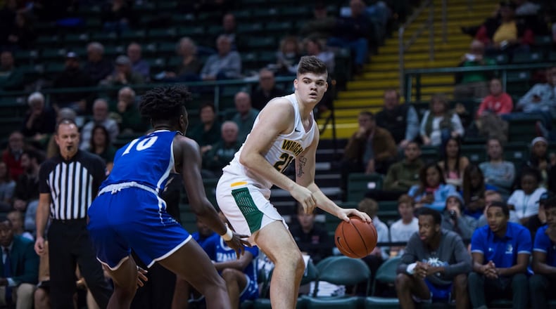 Wright State’s Grant Basile, shown earlier this season vs. Urbana, scored 12 points and grabbed 10 rebounds Tuesday night in a win over Western Kentucky. Joseph Craven/WSU Athletics
