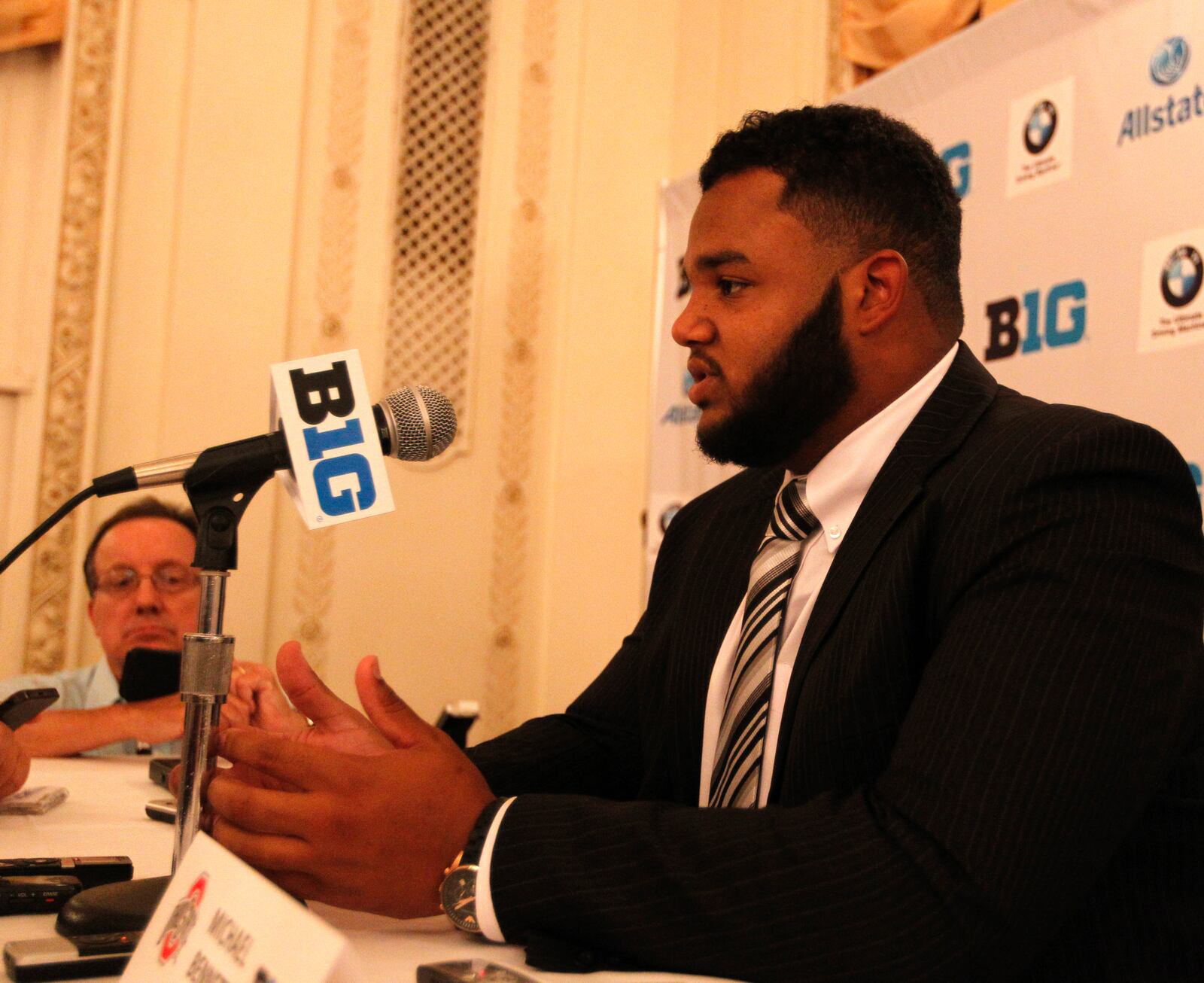 Ohio State defensive lineman Michael Bennett speaks to reports at Big Ten Football Media Days at the Hilton in Chicago on Monday, July 28, 2014.