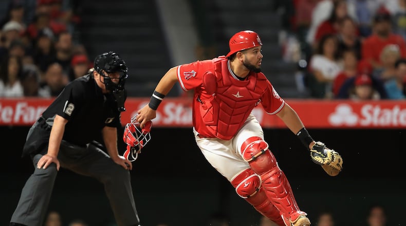 ANAHEIM, CA - JUNE 14: Juan Graterol #59 of the Los Angeles Angels of Anaheim chases a pass ball during the seventh inning of a game against the New York Yankees at Angel Stadium of Anaheim on June 14, 2017 in Anaheim, California. (Photo by Sean M. Haffey/Getty Images)