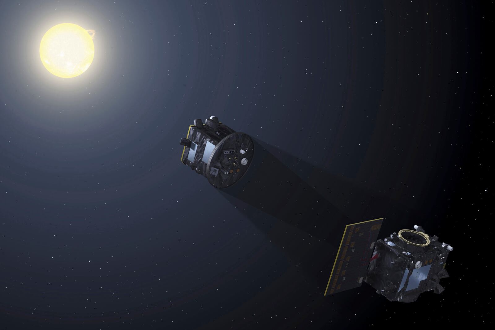 This image provided by the European Space Agency depicts the two spacecraft of the Proba-3 mission aligning to create an eclipse to capture a coronagraph in space. (P. Carril/ESA via AP)