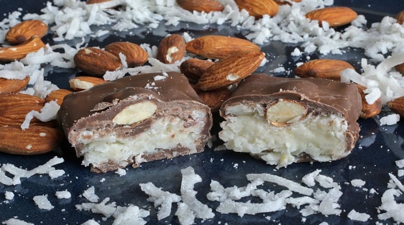 Almond Happiness Bar is a knockoff candy bar photographed in the studio on Thursday, March 15, 2018. (J.B. Forbes/St. Louis Post-Dispatch/TNS)